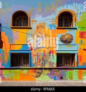 Street Art in Palemo Soho Viertel von Buenos Aires, Argentinien, mit einem jungen Mann mit einem Fußball. Stockfoto