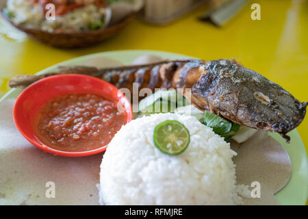 Pecel ayam aus weißem Reis, gebratenes Huhn mit frischem Gemüse und Chili saos Stockfoto