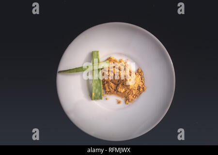 Aloe vera und Kurkuma mit medizinische Werte in weißen und schwarzen Hintergrund Stockfoto