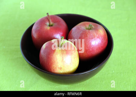 Drei rote Äpfel innen lila Schüssel auf grün Tischdecke Draufsicht closeup Stockfoto