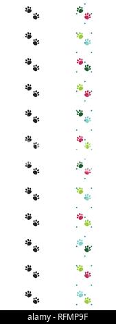 Satz von zwei senkrechten Vektor nahtlose Grenzen mit bunten Katze Hund Paw Paw. Pink, Blau und Grün Pfoten. Schwarze Pfoten Stock Vektor