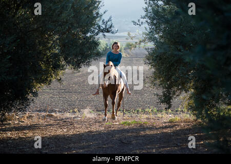 Junges Mädchen ein Pferd Reiten in zwischen zwei Olivenbäume mit Feldern im Hintergrund Stockfoto