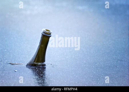 Flasche Sekt Champagner Wein Eis in zugefrorenen Sees am Tag der neuen Jahre Stockfoto