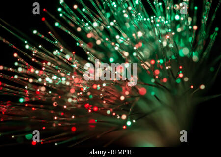 Bündel aus optischen Fasern in rotes und grünes Licht Stockfoto