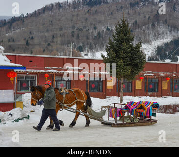 Harbin, China - Feb 23, 2018. Winter Schlittenfahrten mit Pferden bei Snow Village in Harbin, China gezogen. Stockfoto