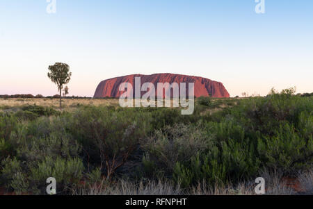 Einen herrlichen Blick auf den Sonnenuntergang am Roten Uluru im Zentrum von Outback Australien Stockfoto