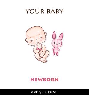 Phasen der Entwicklung des Kindes im ersten Lebensjahr. Ein Neugeborenes schläft mit einem bunny Toy. Schlafendes Baby. Kind Meilensteine des ersten Jahres. Bunte vektor Illustration auf weißem Hintergrund Stock Vektor
