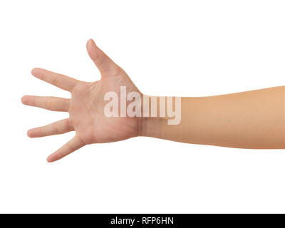 Die menschliche Hand in Hand aus einer Hand auf der Hand und 5 Finger Geste auf weißem Hintergrund mit Freistellungspfad isolieren, hohe resolu Stockfoto