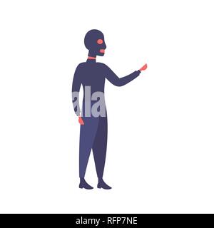 Man schwarze Maske zeigende Hand etwas Geste hacker Aktivität Konzept Kerl kriminellen Einbrecher in voller Länge weibliche Comicfigur flach isoliert Stock Vektor