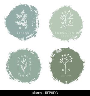 Ein Satz von vier moderne und elegante Botanical Logo Designs in Pastellgrün, Beige, Grau und Weiß. Minimalistische Natur inspiriert Vector Illustration und Han Stock Vektor
