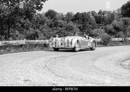 PESARO COLLE SAN BARTOLO, Italien, 17. Mai - 2018: Jaguar XK 120 OTS SE 1954 auf einem alten Rennwagen Rallye Mille Miglia 2018 die berühmten italienischen Histor Stockfoto