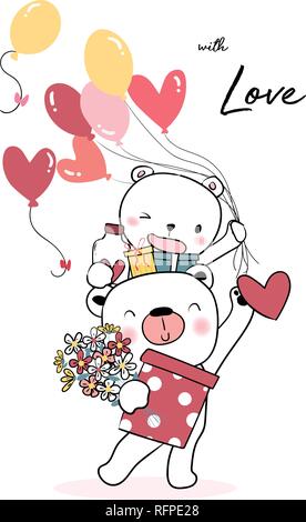 Happy teddy bear Holding Luftballon Herz und Geschenkboxen Stock Vektor