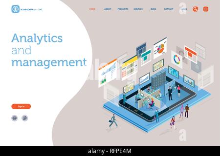 Vector Illustration Konzept. Teamarbeit in einer Analyse und Management Company. Die Leinwände Aussaat Daten, Infografiken und Zahlen. Landing Page des Stock Vektor