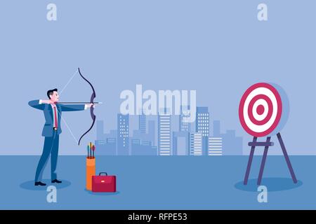 Bogenschießen und Geschäftsmann. Business Mann am Ziel anstreben. Konzept business Vector Illustration. Stock Vektor