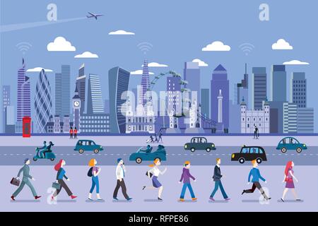 Die London Street mit Menschen zu Fuß und die Skyline der Stadt im Hintergrund. Flache Vector Illustration. Stock Vektor