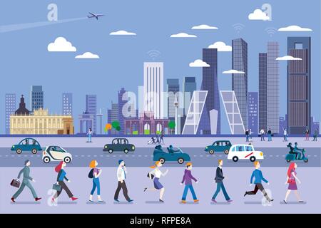 Madrid Straße mit Menschen zu Fuß und die Skyline im Hintergrund mit dem höchsten vier Türmen. Flache Vector Illustration. Stock Vektor