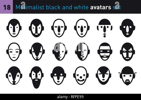 Avatare Gesichter in einem minimalistischen Schwarzweiß-Stil. Sammlung der modernen Zeichen. Stock Vektor