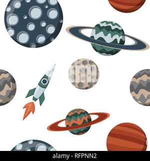Kid Raum mit Planeten und Raumschiffe. Flache cartoon Kosmos Wissenschaft Muster Stock Vektor