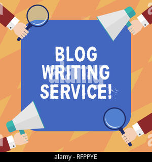 Text Zeichen angezeigt Blog schreiben Service. Konzeptionelle Foto erstellt hochwertige blog Inhalt für ein Geschäft Hu Analyse Händen jedes einzelnen Betriebs Lupe Gla Stockfoto