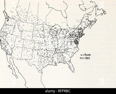 . Verfahren des Symposiums zur Bewirtschaftung von Wald und Lebensräume für Vögel Nongame, Mai 6-9, 1975, Tucson, Arizona. Vögel Erhaltung Kongresse; Vögel Lebensraum Kongresse; Bereich management Kongresse; Wildlife Habitat Verbesserung Kongresse. Abbildung 2.- Continental Verteilung der Zucht vogelübersicht Routen. Nur die Routen laufen 1973 sind abgebildet. Präsentiert von Kiichler (1964) und Fennenian (1931, 1938). Jede Route wurde der Schicht, die die Route der Koordinaten zugewiesen. Feld Methoden wurden sorgfältig standardisierte und Re - unverändert mained während der 6-jährigen Laufzeit dieser r Stockfoto