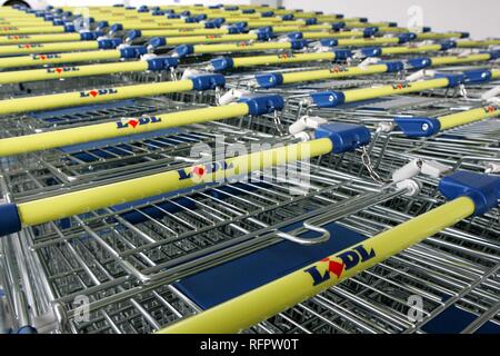 DEU, Deutschland, Dortmund: Einkaufswagen in einem Supermarkt der deutschen Discounter Lidl Gruppe. Stockfoto