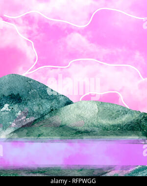 Aquarell Berge spritzt Textur grüne Zeichnung Abbildung geometrische clip art Illustration geometrische clip art rosa Wolken Hintergrund. Stockfoto
