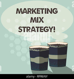 Wort schreiben Text Marketing Mix Strategie. Business Konzept für Satz von Regierbaren taktischen Marketing Tool Company verwenden zwei zu gehen Cup mit Getränke- und S Stockfoto