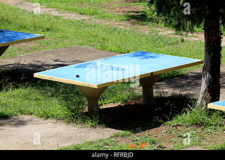 Outdoor Beton Tischtennisplatte auf verlassenen Spielplatz mit hohen ungeschnittenem Gras und Bäume auf warmen sonnigen Tag umgeben Stockfoto