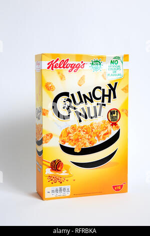 Eine Packung Kellog's Crunchy Mutter flocken Frühstück Müsli. Stockfoto