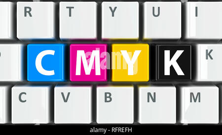 CMYK-Taste auf der Tastatur des Computers, dreidimensionale Rendering, 3D-Darstellung Stockfoto