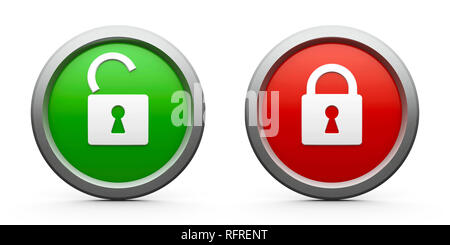 Web Buttons mit Verriegelung, offene und geschlossene auf weißem Hintergrund - Sicherheitskonzept, dreidimensionale Rendering, 3D-Darstellung Stockfoto