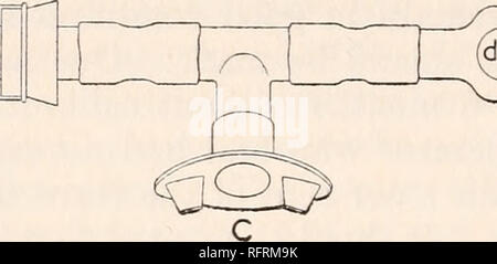 . Der Carnegie Institution in Washington Publikation. 54 VERGLEICHE DER ATEMWEGE. wie folgt: Das Thema des Experiments atmet durch Mund-Stück zu einem T-Stück anschließen von zwei Glas Ventile, die die inspiriert und abgelaufene Luft angebracht. Die abgelaufenen Luft wird durch ein feuchtes Gas meter gemessen. Eine Probe der Luft über Wasser durch eine auto-matic Apparat entnommen und dann in einem speziellen Gas analysiert - Analyse Vorrichtung, in der das Kohlendioxid von kaliumhydroxid absorbiert wird und der Sauerstoff durch Phosphor absorbiert. Mundstück. - Das Mundstück verwendet, die an C in Abb. Stockfoto