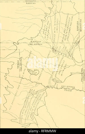 . Der Carnegie Institution in Washington Publikation. Nordamerika UND IHRER WIRBELTIERFAUNA. 13 entsprechen die in allgemeiner Weise mit der Une gezeichnet von Herrn Cummins als Trennung der Karbon und Perm." "Die Unterscheidungen, die bislang in Kansas outUned worden sind, nicht halten, wenn die Felsen gefolgt sind nach Südwesten entlang ihren Streik in den Indischen. Abb. 2.-Karte, aus der Relation der Permo-Carboniferous Kalksteine und roten Betten in Kansas, Oklahoma und Texas. (Von Adams.) Territorium. Etwa am Arkansas River, oder ein wenig südlich von, dass Bach, der interstratified Kalkstein Stockfoto