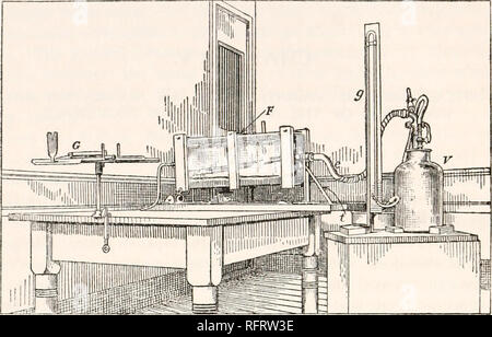 . Der Carnegie Institution in Washington Publikation. 124 DAMPF KERNE UND IONEN. Abb. 57a.-Disposition der koronalen Apparate zur Messung atmosphärischer Keimbildung ("Staub"). V, die Vakuumkammer; F, Nebel Kammer; G, goniometer; g, Gage; e, exhaus- Leitung; t, Unterstützung für die Drehzapfen. Zustrom Rohr am linken Ende der Nebel Kammer.. Bitte beachten Sie, dass diese Bilder sind von der gescannten Seite Bilder, die digital für die Lesbarkeit verbessert haben mögen - Färbung und Aussehen dieser Abbildungen können nicht perfekt dem Original ähneln. extrahiert. Der Carnegie Institution in Washington. Washington, Carne Stockfoto