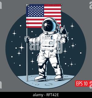 Astronaut mit der amerikanischen Flagge auf dem Mond steht. Comic Stil Vector Illustration. Stock Vektor