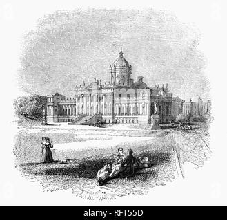 Castle Howard, mit seiner Mischung aus Barock und palladianischen Stil, ist keine wahre Schloss, mehr ein herrschaftliches Haus in North Yorkshire, England, 15 Meilen nördlich von New York. Es ist eine private Residenz, und ist die Heimat der Carlisle Zweig der Howard Familie seit mehr als 300 Jahren. Gebäude begann 1699 und dauerte über 100 Jahre nach einem Entwurf von Sir John vanbrugh für die 3. Earl of Carlisle zu vervollständigen. Stockfoto