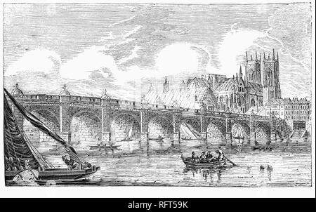 Die Westminster Bridge ist eine Straße - und Fuß - Verkehr Brücke über die Themse in London, Westminster Verknüpfung auf der Westseite und Lambeth auf der Ostseite. Durch privates Kapital finanziert, Lotterien und Zuschüsse, die Westminster Bridge war zwischen 1739 - 1750 erbaut, unter der Aufsicht der Schweizer Ingenieur Charles Labelye. und eröffnete am 18. November 1750. Stockfoto