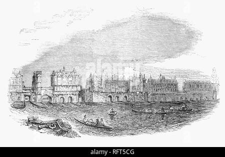 Von 1710, die meisten der Häuser auf die London Bridge in der Restaurierung Stil und, um die Fahrbahn zu erweitern wieder aufgebaut worden waren, wurden gebaut, überragend den Fluss. Die letzten Häuser gebaut wurden, im Jahre 1745, aber auch diese eleganten Gebäuden begonnen hatte innerhalb von zehn Jahren nachlassen. Im Jahr 1756, die London Bridge Act gab den City Corporation die Macht alle Eigenschaften, die auf der Brücke zu kaufen, damit sie abgerissen werden könnte und die Brücke verbessert. Stockfoto