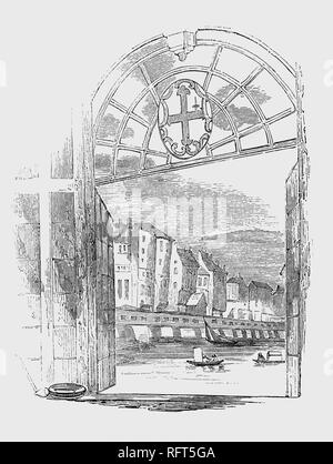 Hogarth's Blick auf die Häuser auf der London Bridge. Die letzten Häuser gebaut wurden, im Jahre 1745, aber auch diese eleganten Gebäuden begonnen hatte innerhalb von zehn Jahren nachlassen. Im Jahr 1756, die London Bridge Act gab den City Corporation die Macht alle Eigenschaften, die auf der Brücke zu kaufen, damit sie abgerissen werden könnte und die Brücke verbessert. Stockfoto