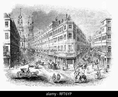 Jahrhundert Blick auf die Kreuzung von Cornhill und Lombard Street mit dem Turm der Royal Exchange, London, England. Der Royal Exchange in London wurde im 16. Jahrhundert von dem Kaufmann Thomas Gresham auf Vorschlag von seinem Faktor Richard Clough als Zentrum des Handels für die Stadt London zu handeln gegründet. Stockfoto