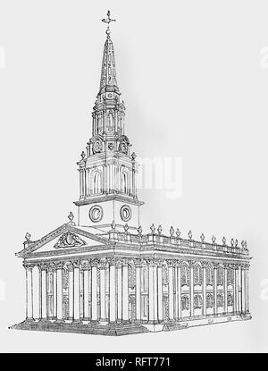 St Martin-in-the-Fields ist ein Englischer anglikanische Kirche an der nord-östlichen Ecke der Trafalgar Square in Westminster, London. Es ist dem hl. Martin von Tours geweiht. Das heutige Gebäude wurde in einem neoklassischen Design von James Gibbs gebaut 1722 - 1726 nach einer Umfrage 1710, festgestellt, dass die Wände und das Dach in einem Zustand des Verfalls. Stockfoto