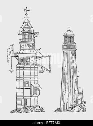 Die Eddystone Lighthouse Design von Henry Winstanley 1644-1703), ein englischer Ingenieur, der die ersten Leuchtturm südlich von Rame Head, England gebaut. Winstanley in kommerziellen Unternehmen in fünf Schiffe investiert, von denen zwei wurden zerstört auf dem Riff. Gesagt, dass es zu gefährlich war, beschloss er, der erste Leuchtturm zu errichten. Die nächste Zeichnung ist die dritte eddystone Leuchtturm auf der gefährlichen Eddystone Felsen, südlich von Rame Head, England. Mit Granit Blöcke von der Königlichen Gesellschaft entworfen, zivil Ingenieur John Smeaton Stockfoto