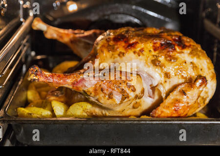 Appetitlich Truthahn und Kartoffeln im Ofen gebacken closeup Stockfoto