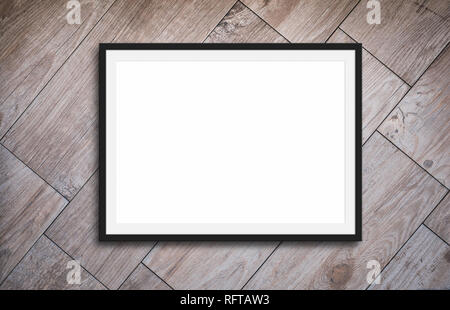 Schwarzer Rahmen Mockup für Bild oder Text, Holz- Hintergrund Stockfoto