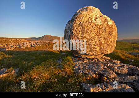 Ingleborough aus einem Kalkstein Boulder auf Twistleton Narbe, Yorkshire Dales National Park, North Yorkshire, England, Großbritannien, Europa gesehen Stockfoto