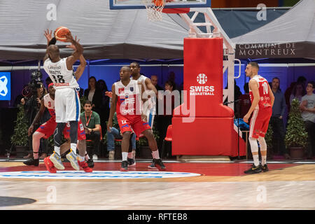 Montreux, Schweiz. 26 Jan, 2019. Final Four DER SWISS BASKET LIGA (SBL) CUP 2019 FRIBOURG OLYMPIC VS SAM MASSAGNO - Fribourg Olympic vs Sam Massagno am Pfad entführt Stadion in Montreux in der Schweiz, (Halbfinale) 26-01-2019. Quelle: Eric Dubost/Alamy leben Nachrichten Stockfoto