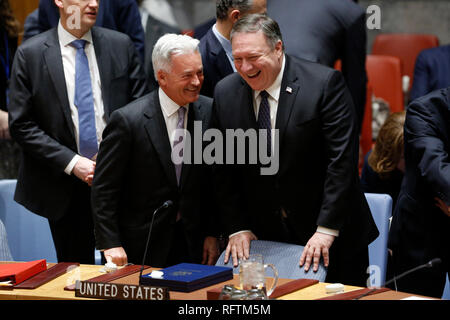 Vereinten Nationen, UN-Hauptquartier in New York. 26 Jan, 2019. Us-Staatssekretär Mike Pompeo (R, vorne) spricht mit Alan Duncan (L, vorne), britischer Staatsminister für Europa und Amerika, vor dem Sicherheitsrat der Vereinten Nationen Not über die Situation in Venezuela, auf das UN-Hauptquartier in New York, Jan. 26, 2019. Credit: Li Muzi/Xinhua/Alamy leben Nachrichten Stockfoto
