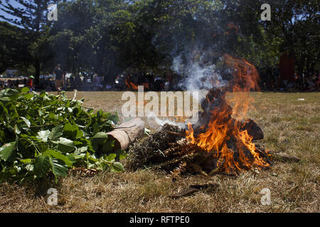 Brisbane, Queensland, Australien. 26 Jan, 2019. Das Feuer in der Vorbereitung für traditionelle rauchen Zeremonien während des Protestes beginnt. Am 26. Januar, viele Australier feiern Australien Tag, aber vielen indigenen australischen Volk, es ist ein Tag gleichbedeutend mit der jahrzehntelangen systematischen Missbrauch und Völkermord. Mehrere tausend Demonstranten haben die Straßen in Brisbane (als Meanjin durch lokale indigene Völker bekannt) für Souveränitätsrechte und Datum Änderungen zu sammeln. Credit: Joshua Prieto/SOPA Images/ZUMA Draht/Alamy leben Nachrichten Stockfoto