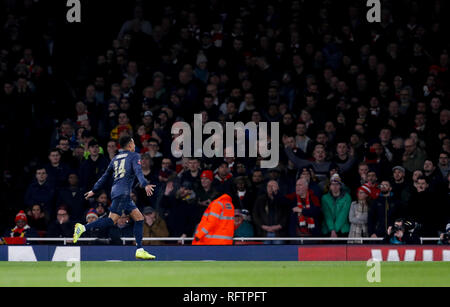 London, Großbritannien. 25 Jan, 2019. Von Manchester United Jesse Lingard feiert nach zählen während der FA Cup vierte runde Spiel zwischen Arsenal und Manchester United im Emirates Stadium in London, Großbritannien auf Jan. 25, 2019. Manchester United gewann 3-1. Credit: Han Yan/Xinhua/Alamy leben Nachrichten Stockfoto