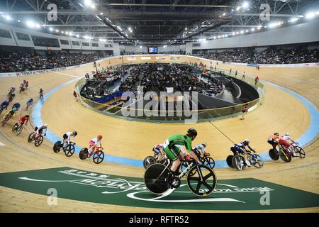 Peking, China. 26 Jan, 2019. Athleten konkurrieren während der Frauen Madison Finale während der UCI-Rad-WM Titel in Hongkong Velodrom in South China Hong Kong, Jan. 26, 2019. Credit: Wang Shen/Xinhua/Alamy leben Nachrichten Stockfoto